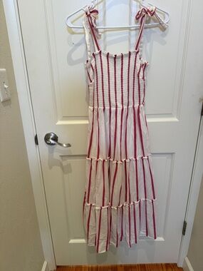 Draper James White and Red Striped Midi Dress with Tie Straps